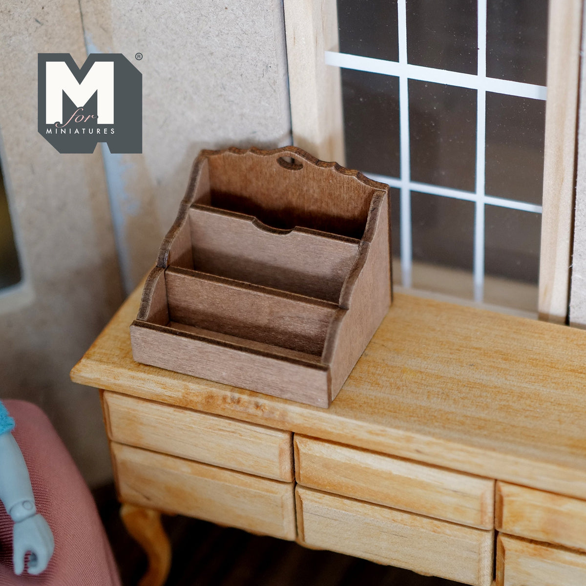 1:12 Scale Miniature Wood Mail Holder, 3 Slots, 1-3/4 inch wide, DIY Dollhouse Supply (brown)