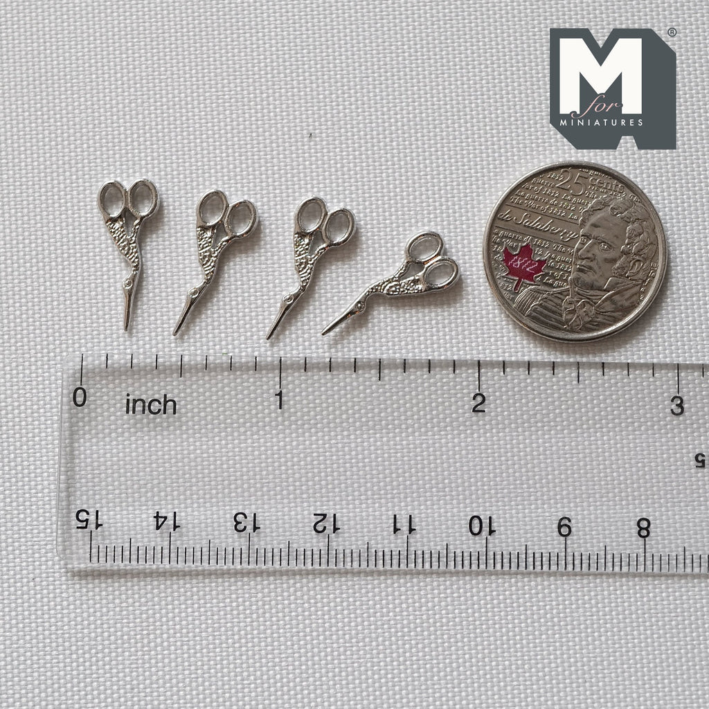 1:12 Scale Miniature Metal Stork Embroidery Scissors, Set of 4, 13/16 inch long, DIY Dollhouse Supply