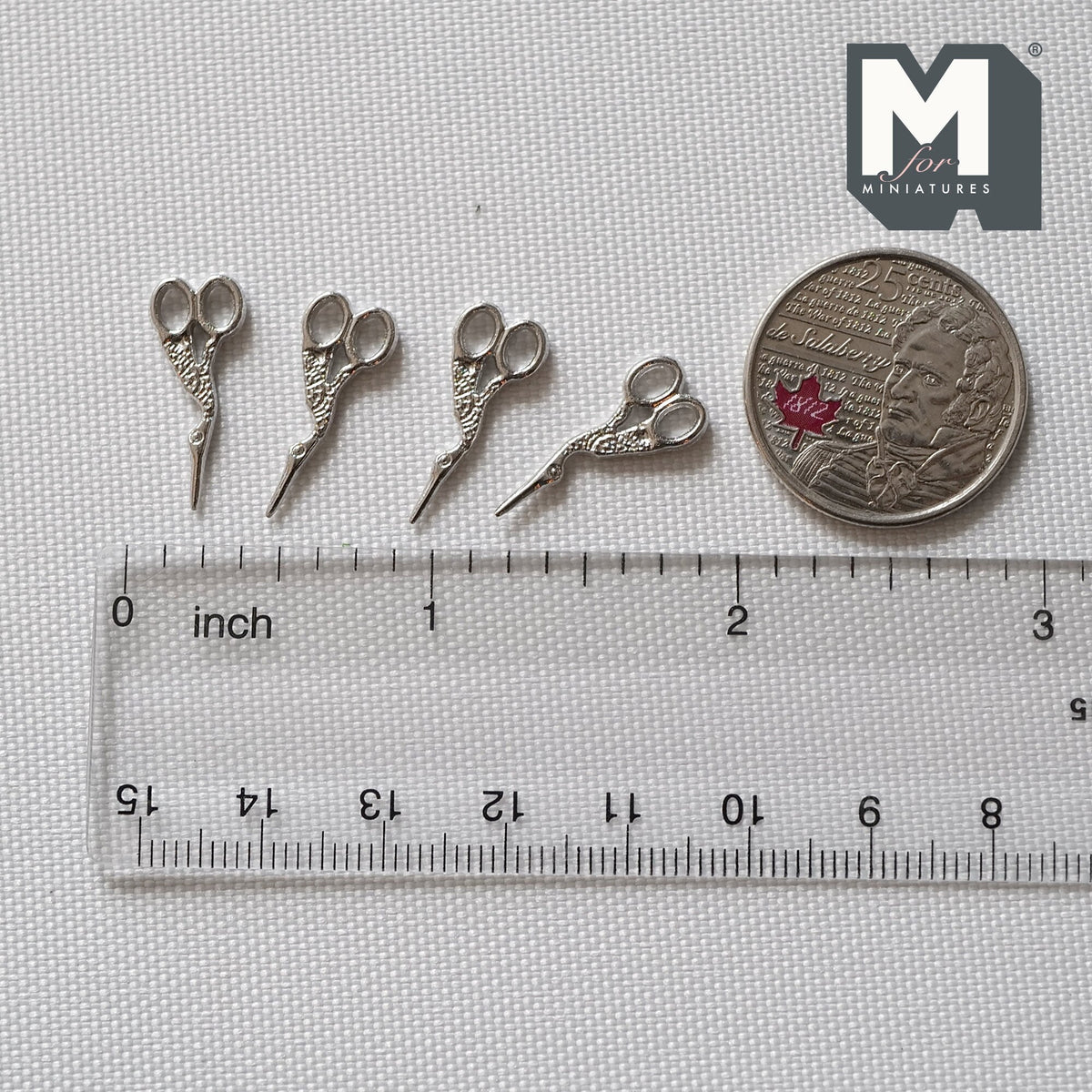 1:12 Scale Miniature Metal Stork Embroidery Scissors, Set of 4, 13/16 inch long, DIY Dollhouse Supply
