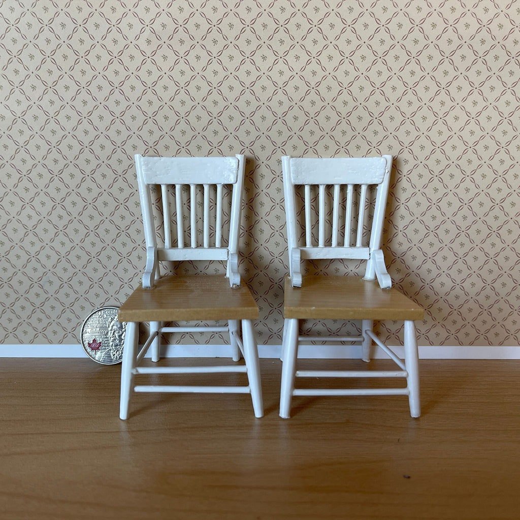 1:12 Scale Miniature Wood Spindle Back Dining Chairs, Set of 2, 3-5/16 inch tall, DIY Dollhouse Supply (white and brown)
