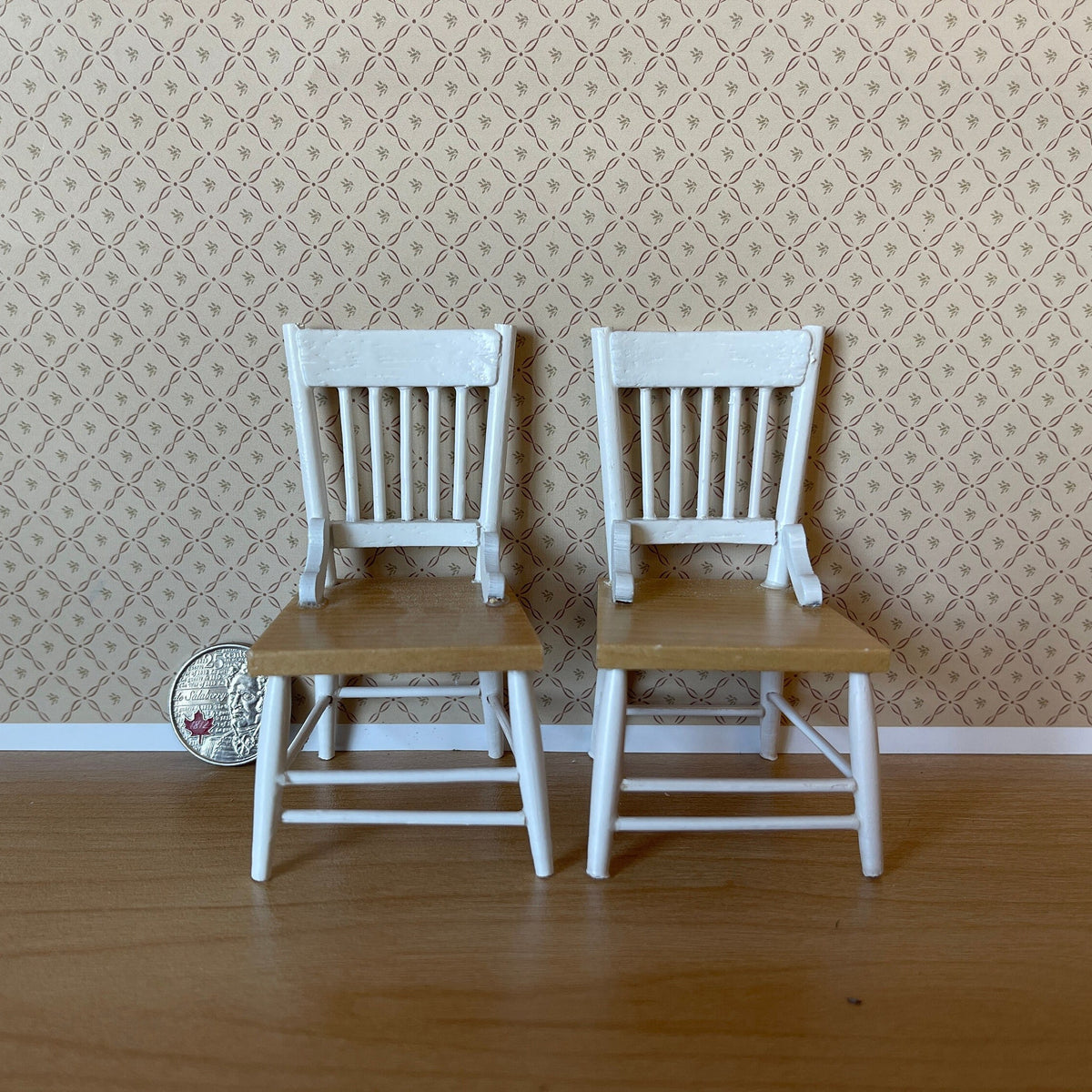 1:12 Scale Miniature Wood Spindle Back Dining Chairs, Set of 2, 3-5/16 inch tall, DIY Dollhouse Supply (white and brown)