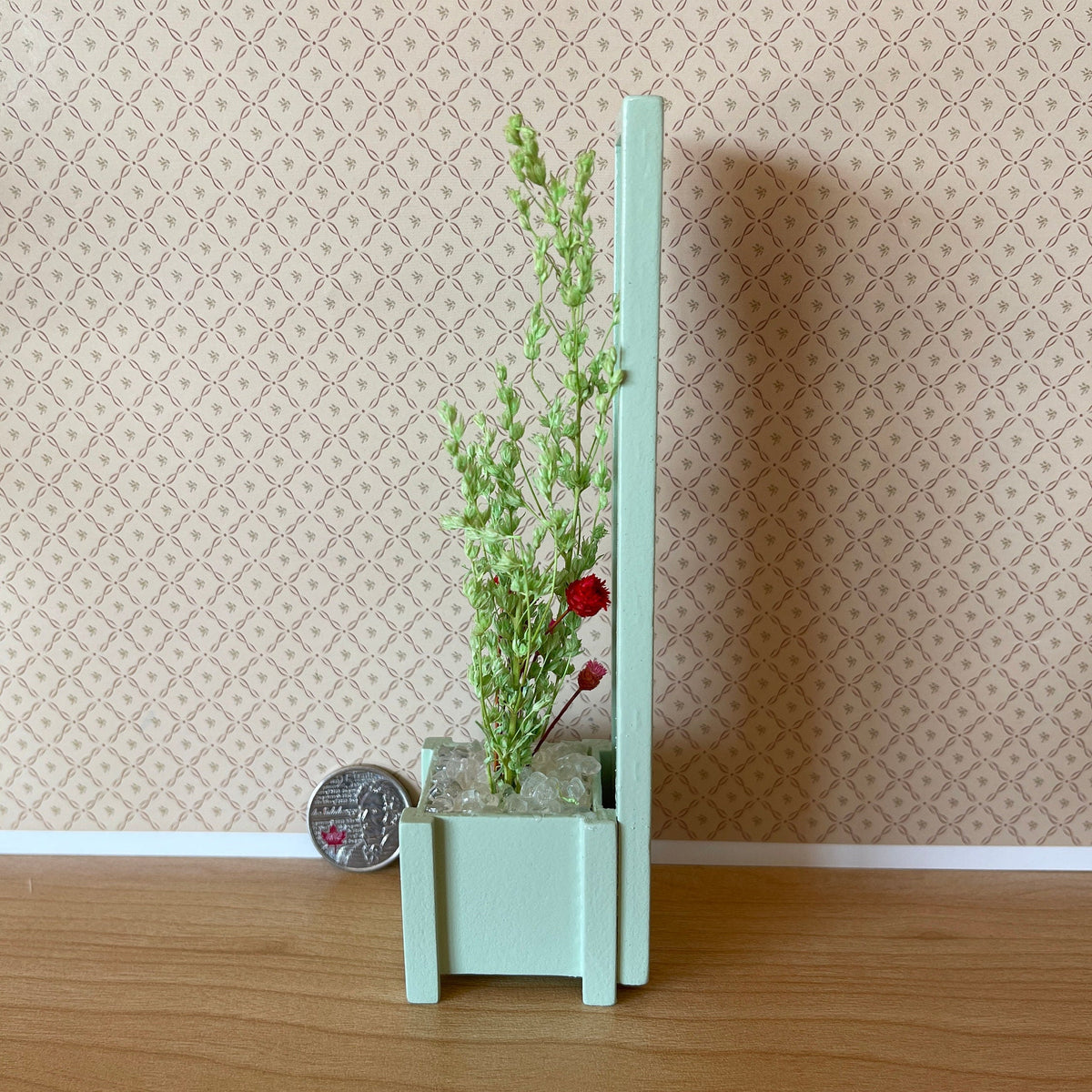 1:12 Scale Miniature Wood Planter Box with Trellis Back and Climbing Flowers, 6-3/16 inch tall, DIY Dollhouse Supply (mint green)