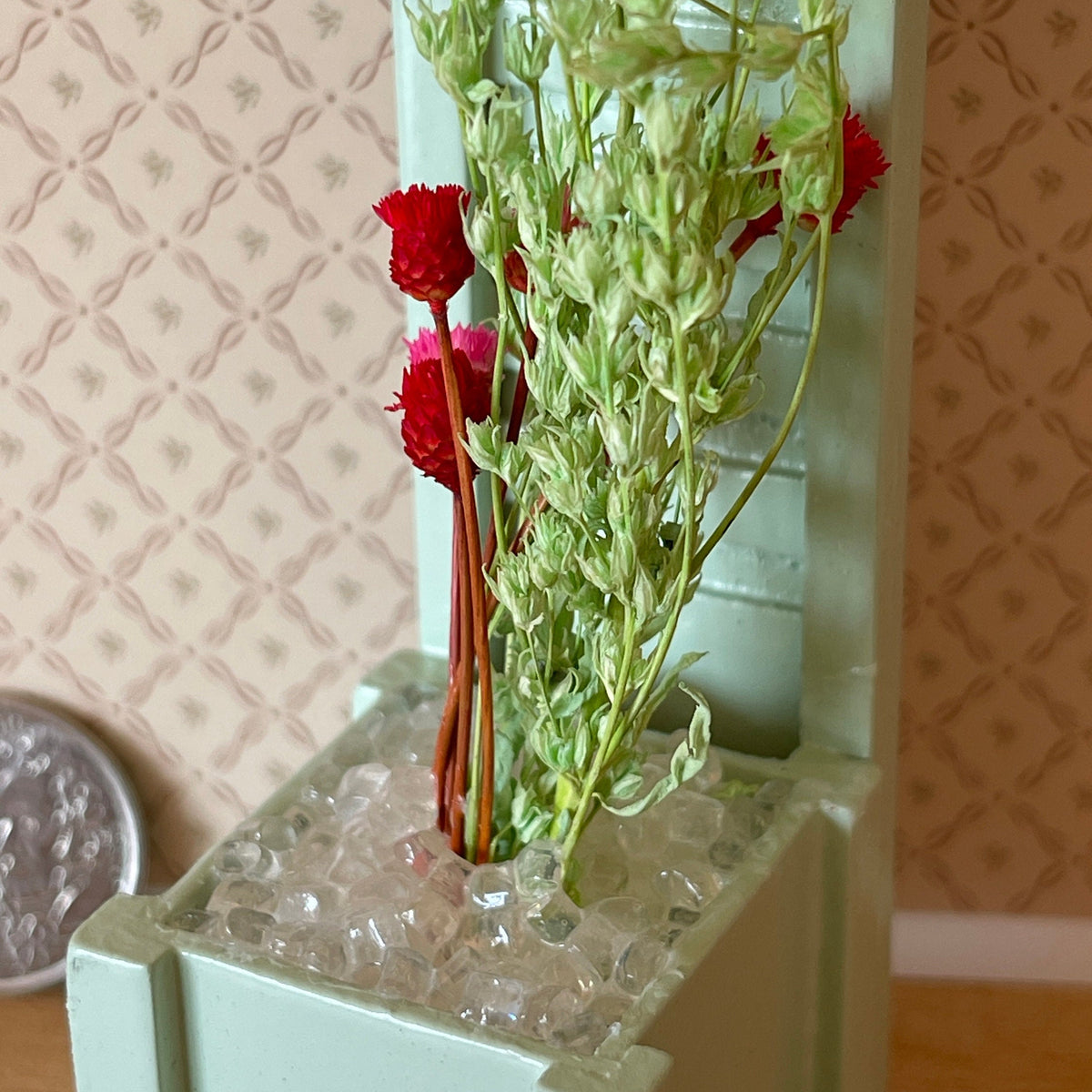 1:12 Scale Miniature Wood Planter Box with Trellis Back and Climbing Flowers, 6-3/16 inch tall, DIY Dollhouse Supply (mint green)