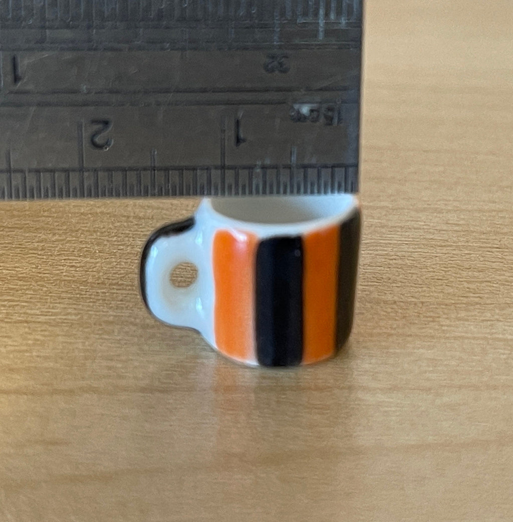 1:12 Scale Miniature Ceramic Coffee Mugs, Set of 2, 1/2 inch tall, DIY Dollhouse Supply (orange and black stripes)