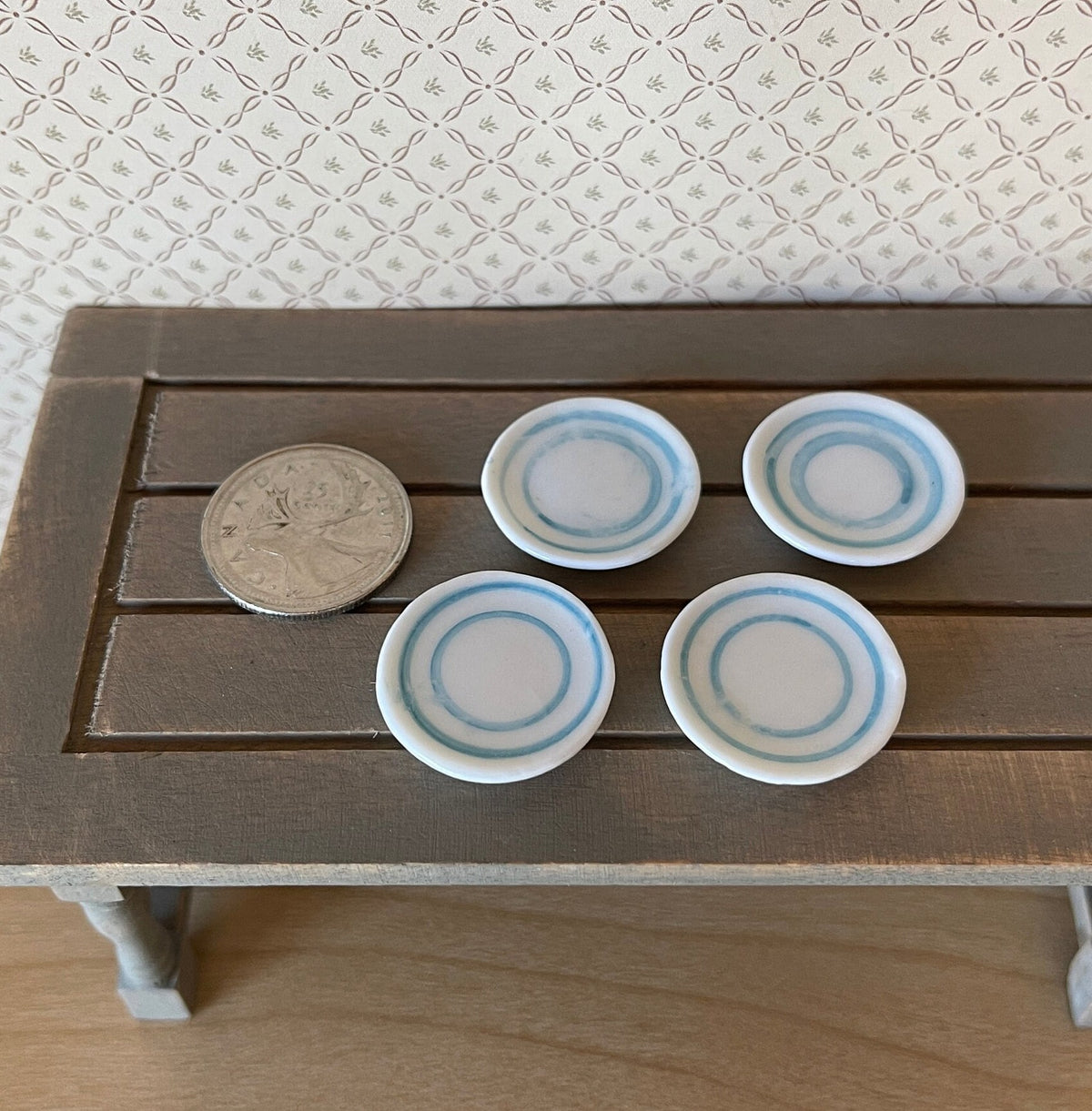 1:12 Scale Miniature White Dinner Plates with Blue Gray Rim, Set of 4, 1 inch dia., DIY Dollhouse Supply