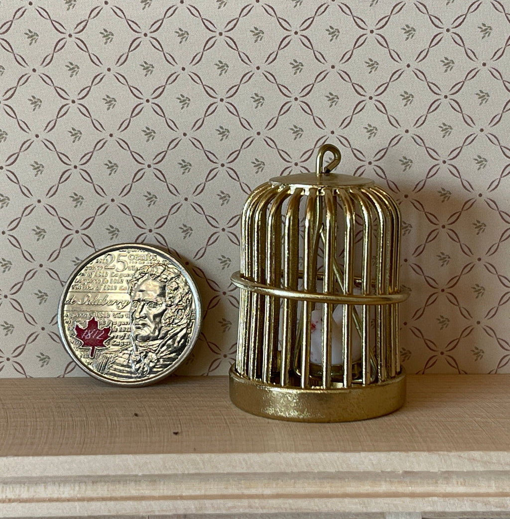 1:12 Scale Miniature Metal Round Birdcage with Bird, Pull Out Tray, 1-5/8 inch tall, DIY Dollhouse Supply (gold)