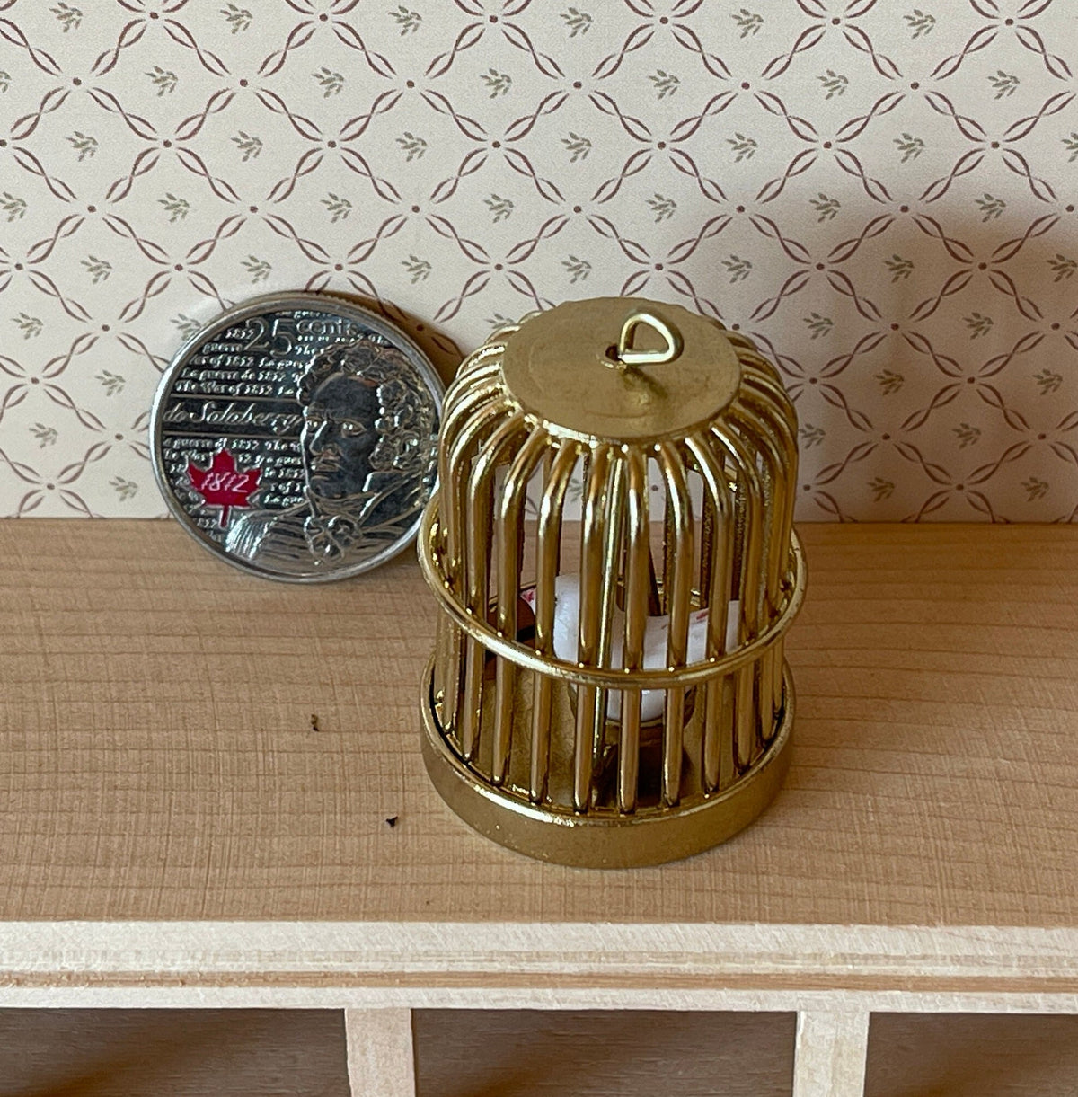1:12 Scale Miniature Metal Round Birdcage with Bird, Pull Out Tray, 1-5/8 inch tall, DIY Dollhouse Supply (gold)
