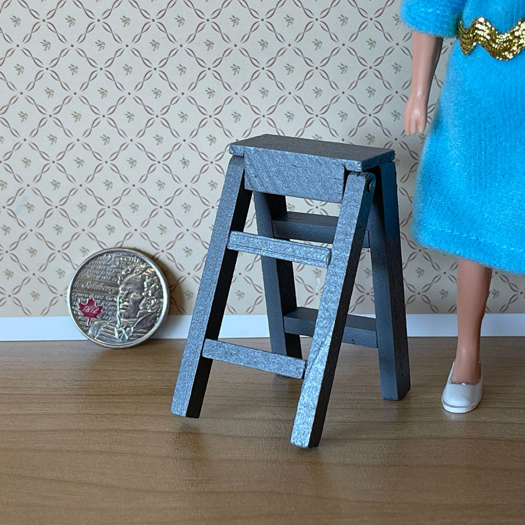 1:12 Scale Miniature Wood Kitchen Stepladder, Folding, 2 Steps, 2-1/8 inch tall, DIY Dollhouse Supply (blue gray)