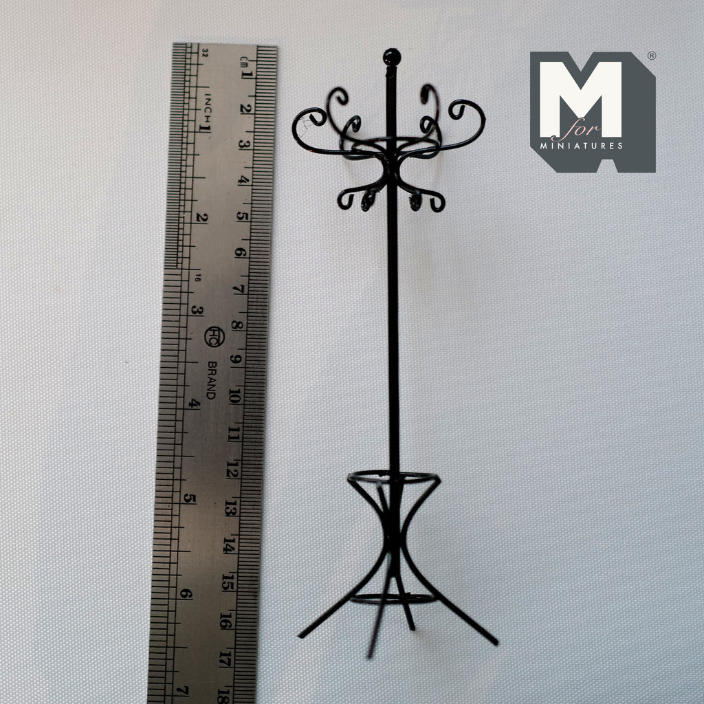 1:12 Scale Miniature Metal Coat Stand, Curly Hooks, Tripod Base, 6-1/8 inch tall, DIY Dollhouse Supply (black)