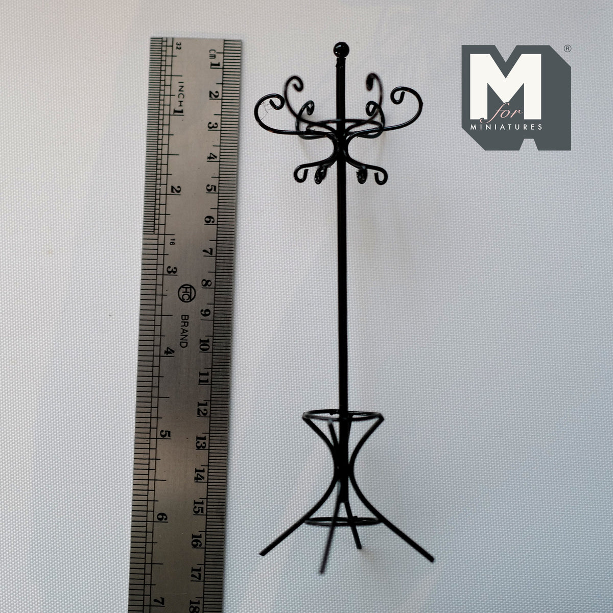 1:12 Scale Miniature Metal Coat Stand, Curly Hooks, Tripod Base, 6-1/8 inch tall, DIY Dollhouse Supply (black)