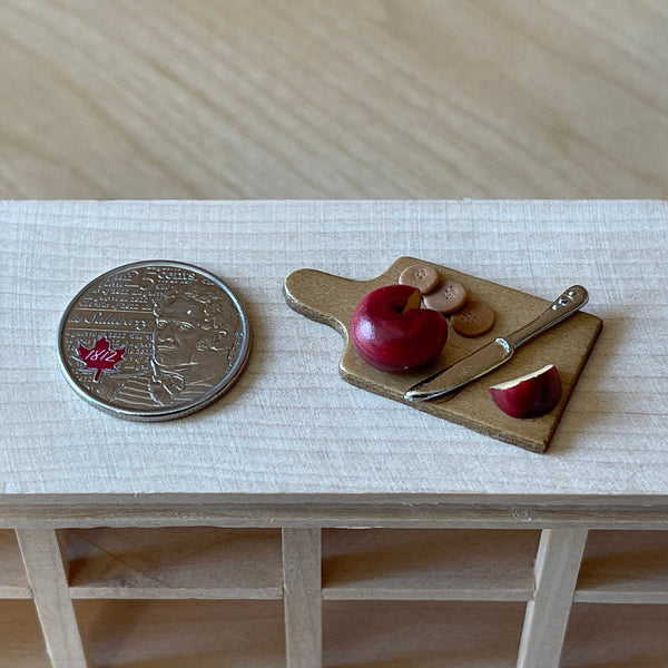 Miniature Sliced Round Cheese Crackers and Knife on Cutting Board 1:12 Scale Dollhouse Food Decoration. (fixed to the board) - E028