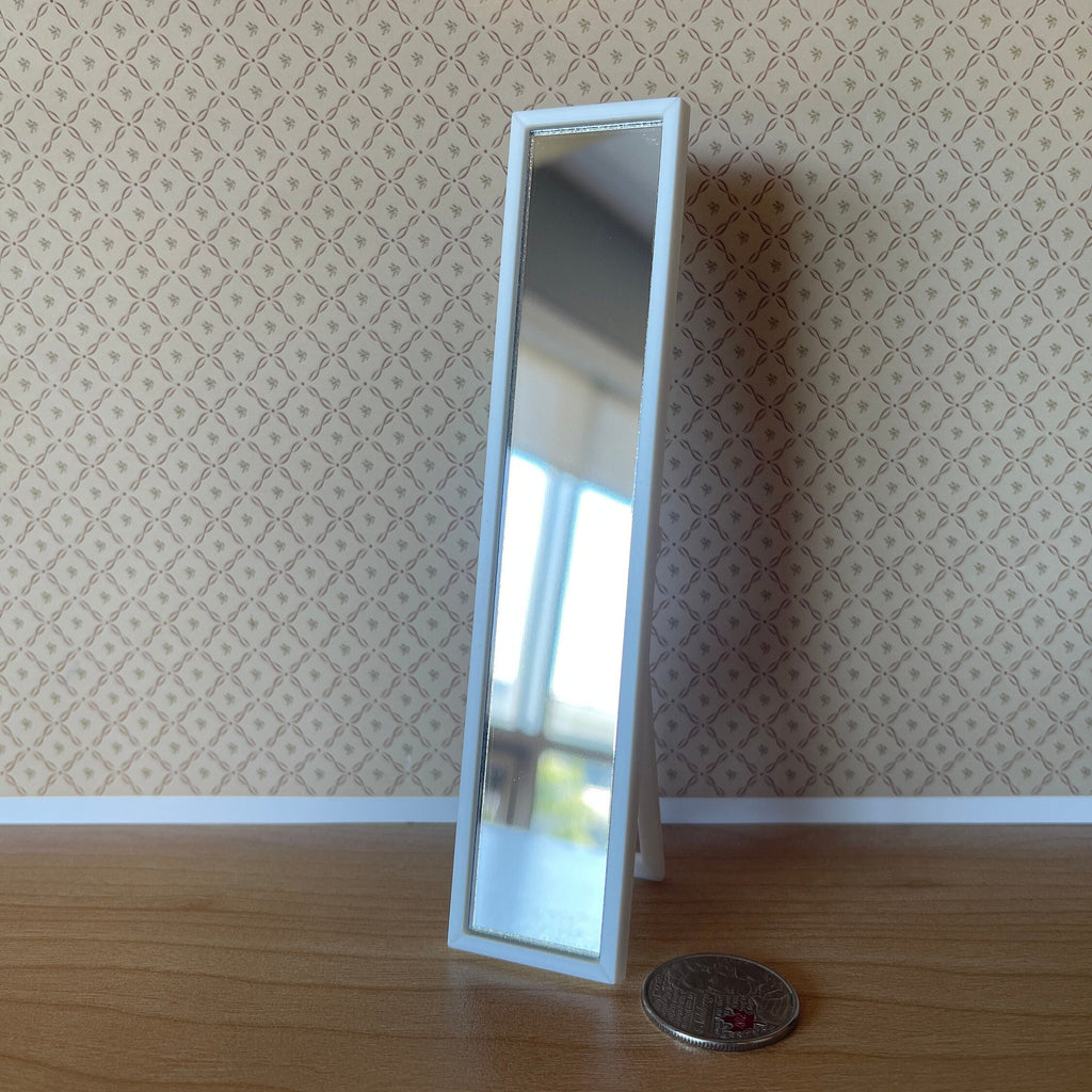 1:12 Scale Miniature Full Length Floor Mirror on Stand, 4-7/16 inch tall, DIY Dollhouse Supply (white)