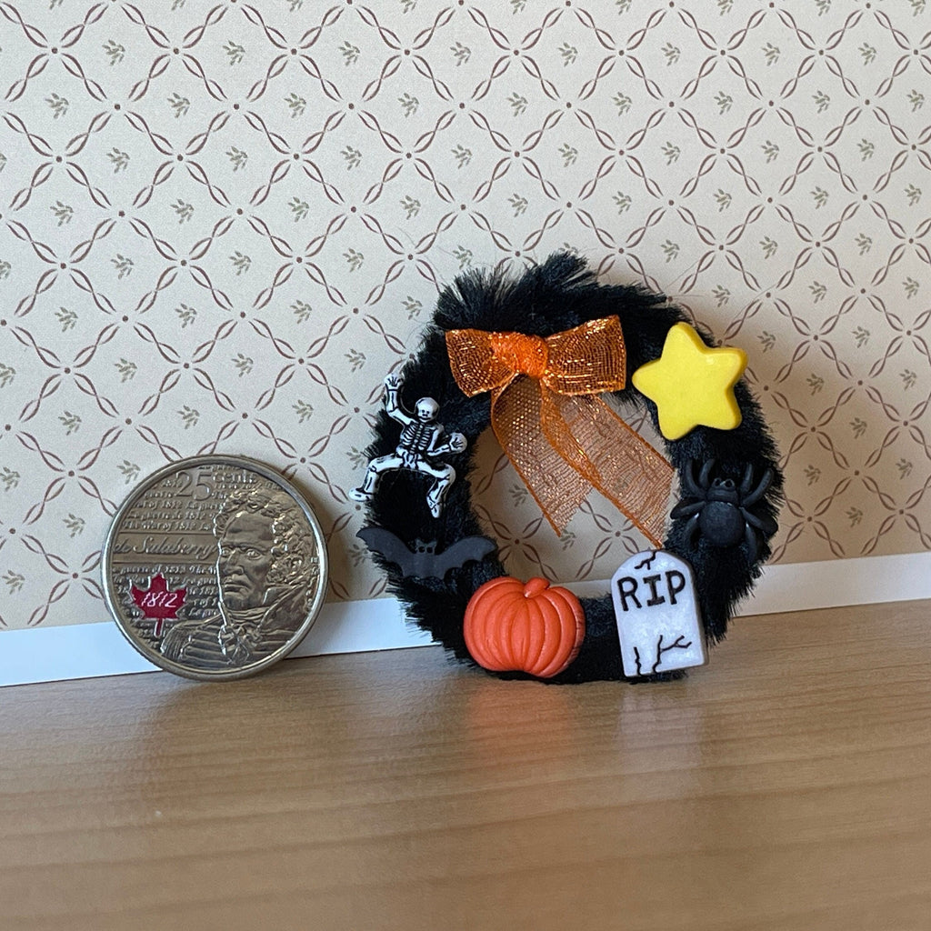 1:12 Scale Miniature Halloween Wreath with Pumpkins and Tombstone, 1-3/4 inch dia., DIY Dollhouse Supply (black)