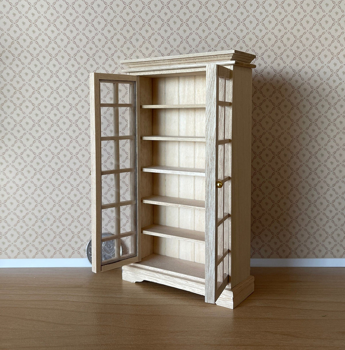 1:12 Scale Miniature Unpainted Wood Bookcase Cabinet, 2 Glazed Doors, 6 Shelves, 5-5/16 inch tall, DIY Dollhouse Supply
