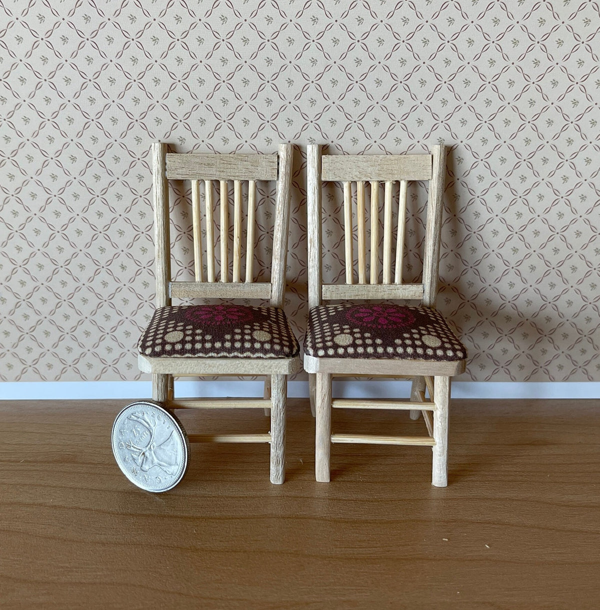 1:12 Scale Miniature Unpainted Wood Slat Back Dining Chairs with Seat Pads, Set of 2, 3-1/4 inch tall, DIY Dollhouse Supply