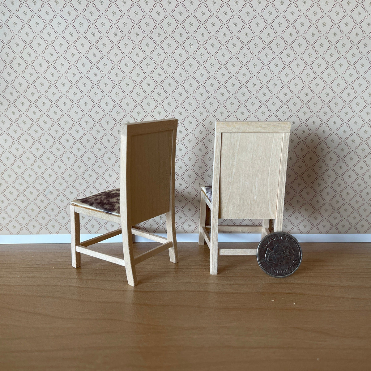 1:12 Scale Miniature Unpainted Wood Dining Chairs with Floral Seat Pads, Set of 2, 3-1/8 inch tall, DIY Dollhouse Supply