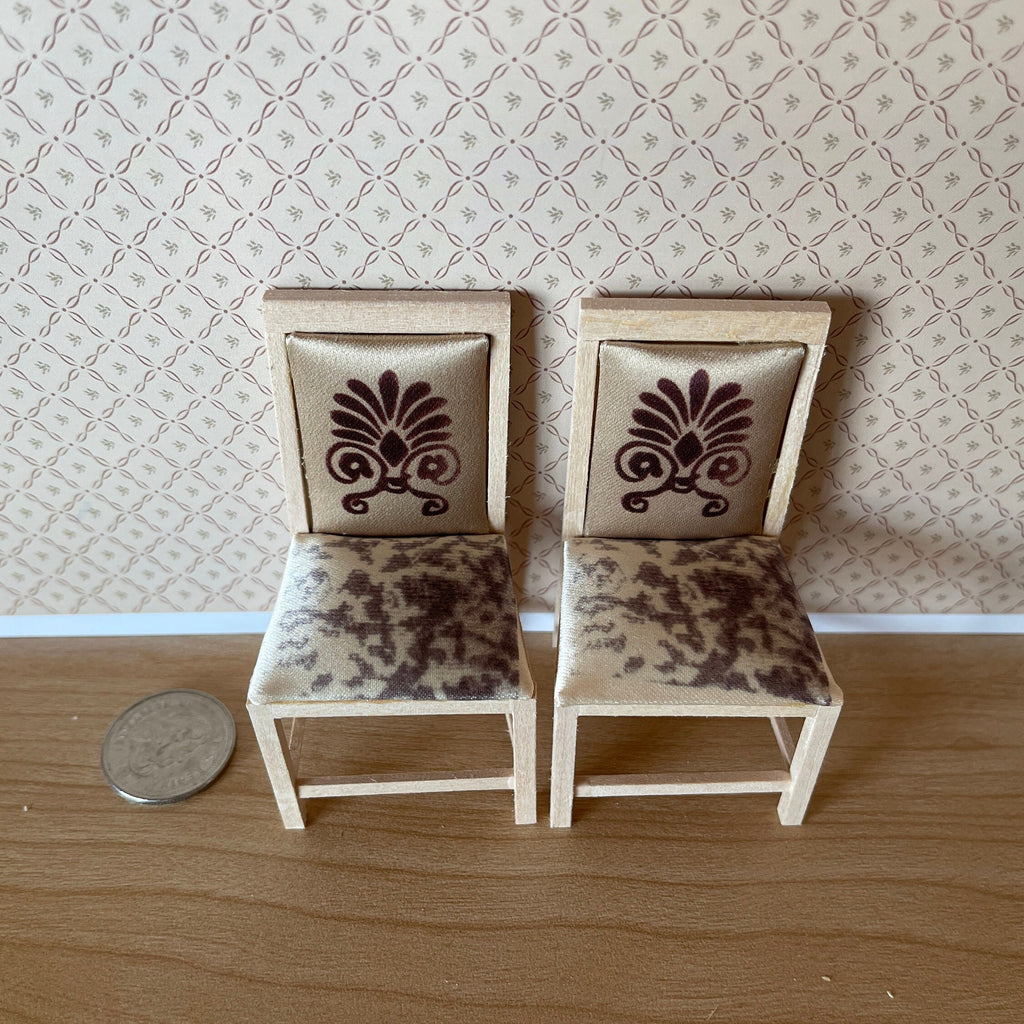 1:12 Scale Miniature Unpainted Wood Dining Chairs with Floral Seat Pads, Set of 2, 3-1/8 inch tall, DIY Dollhouse Supply