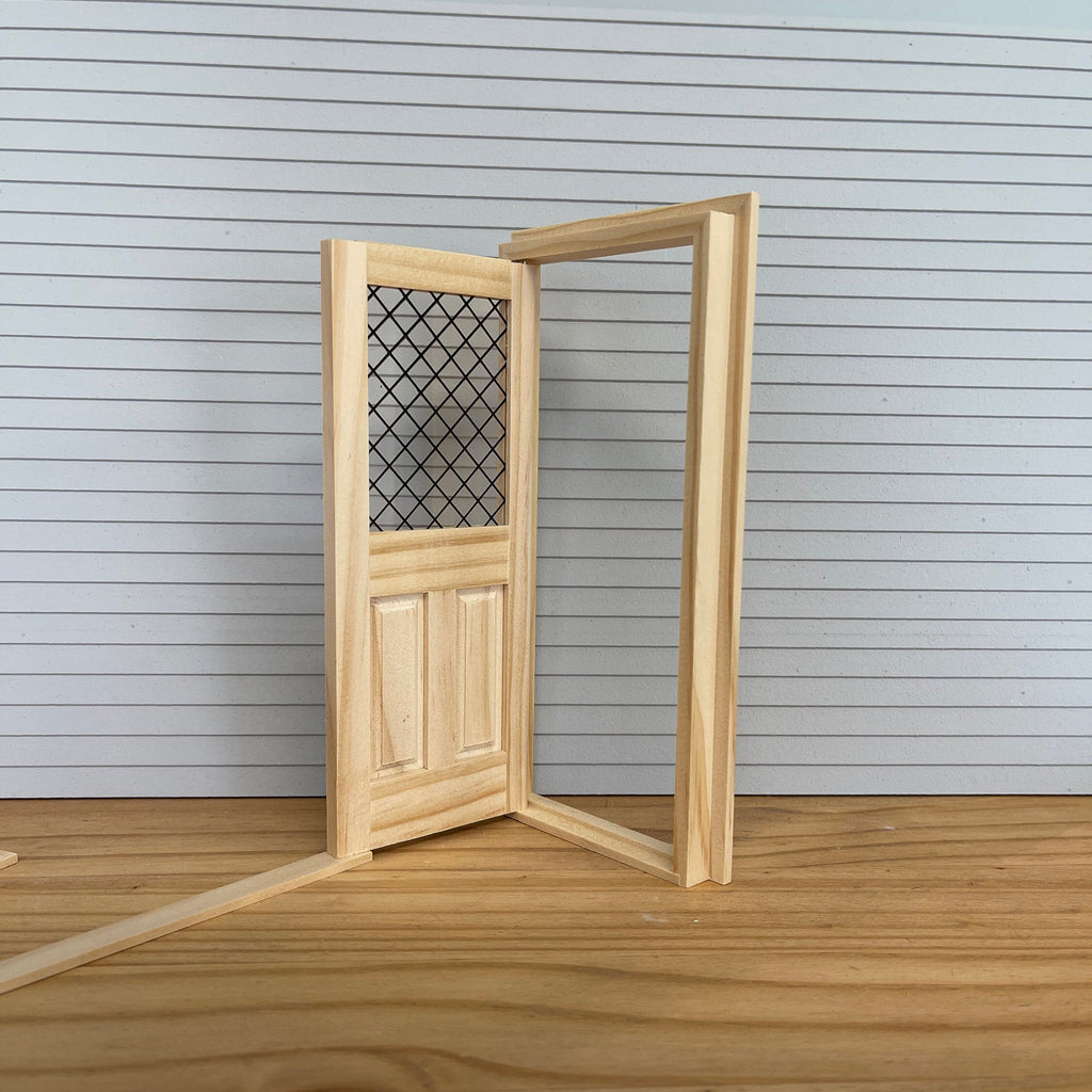1:12 Scale Miniature Unfinished 2 Panel Door with Diamond Lattice Window and Back Trim, 6-7/8 inch high Dollhouse Supply