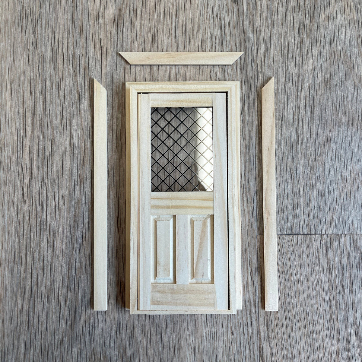 1:12 Scale Miniature Unfinished 2 Panel Door with Diamond Lattice Window and Back Trim, 6-7/8 inch high Dollhouse Supply