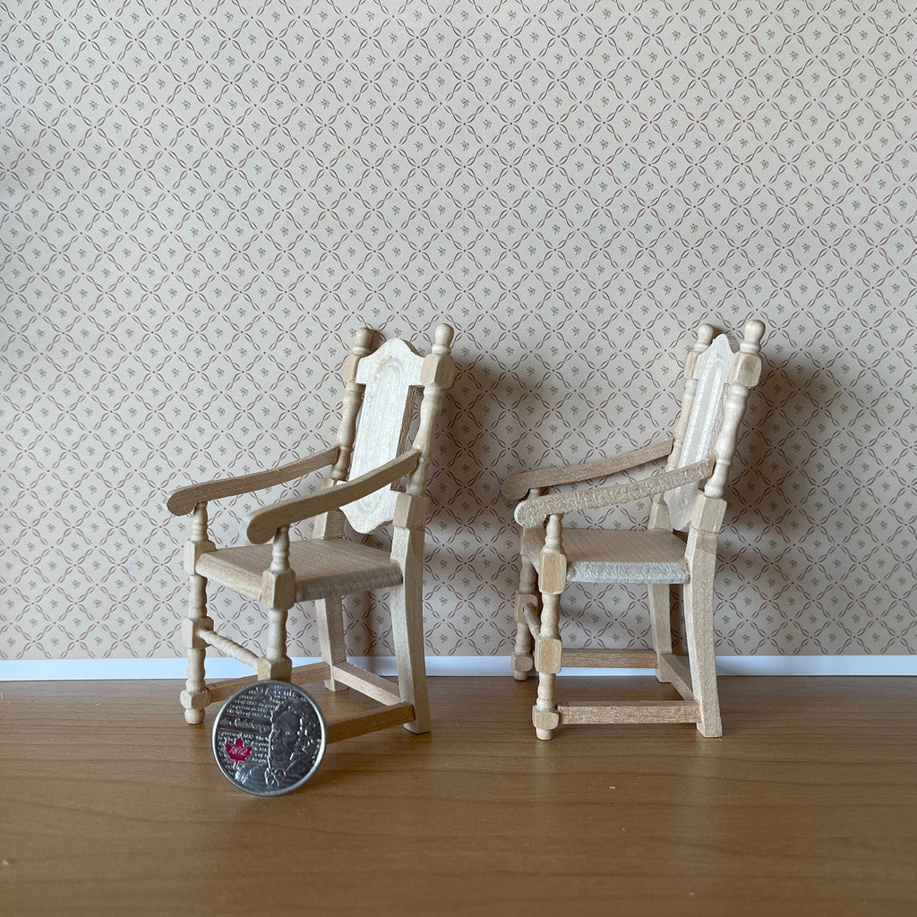 1:12 Scale Miniature Unpainted Wood Dining Armchairs, Carved Back, Set of 2, 3-7/8 inch tall, DIY Dollhouse Supply