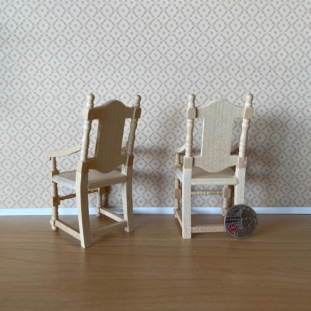1:12 Scale Miniature Unpainted Wood Dining Armchairs, Carved Back, Set of 2, 3-7/8 inch tall, DIY Dollhouse Supply