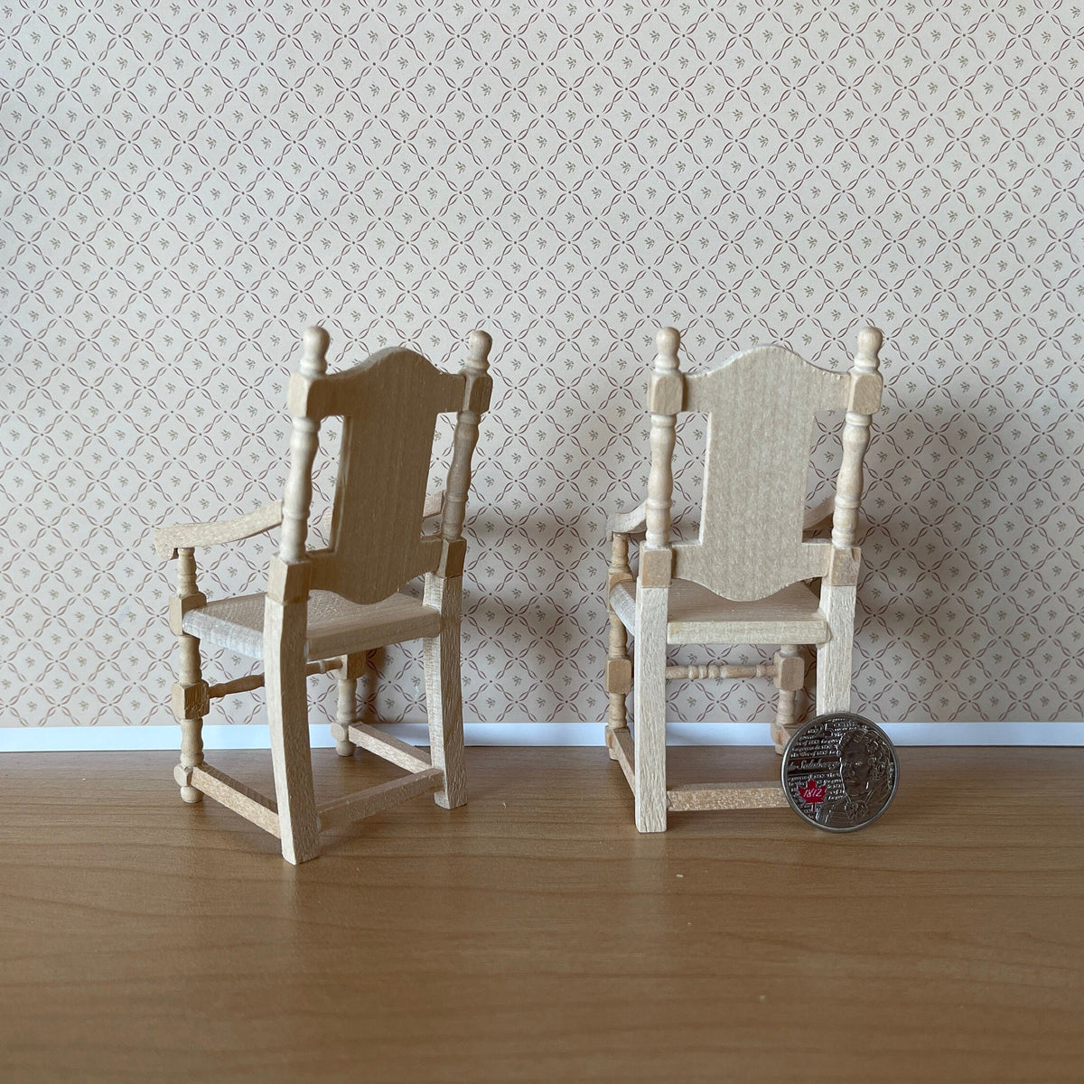 1:12 Scale Miniature Unpainted Wood Dining Armchairs, Carved Back, Set of 2, 3-7/8 inch tall, DIY Dollhouse Supply