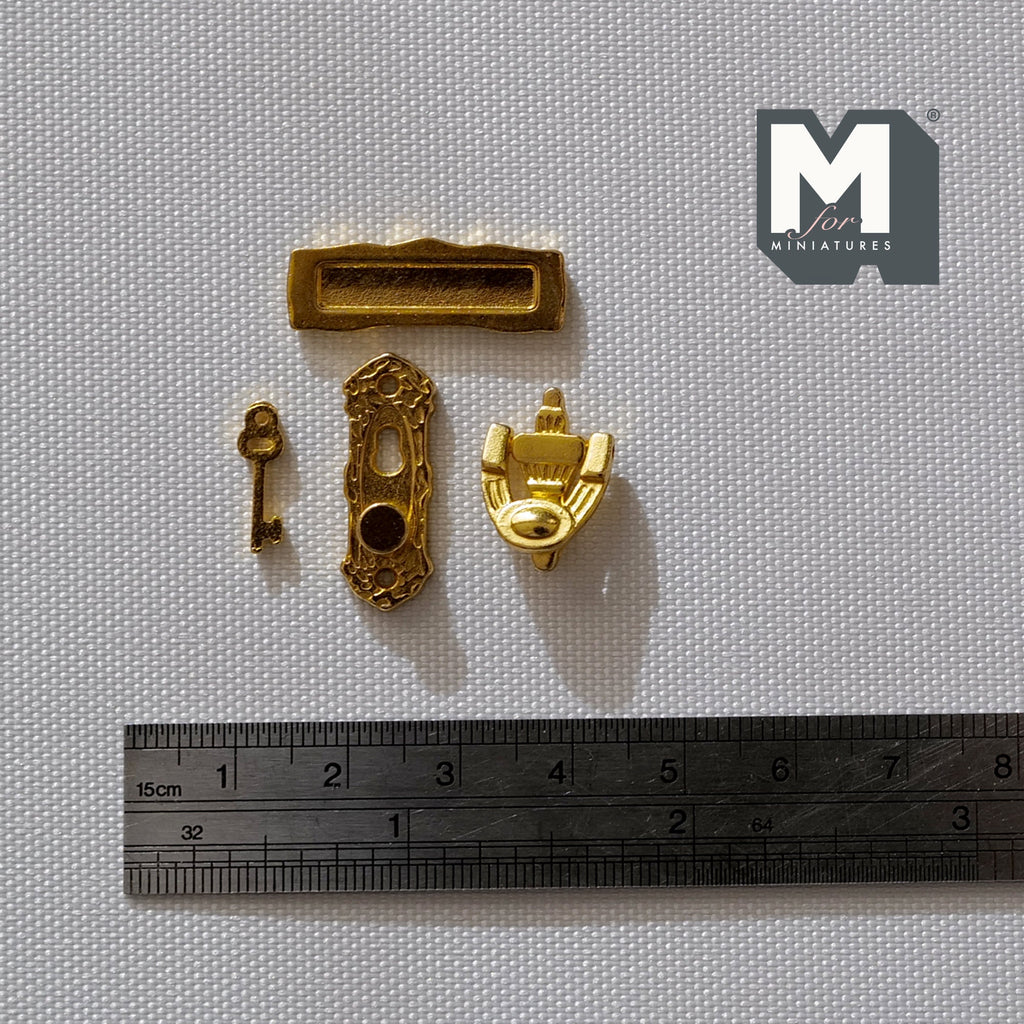 1:12 Scale Miniature Brass Door Knob, Knocker, Door Plate and Key, Set of 4, 1 inch tall, DIY Dollhouse Supply