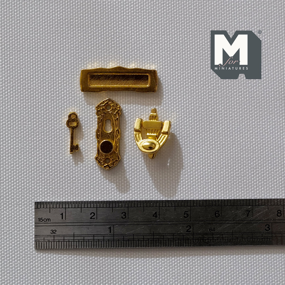 1:12 Scale Miniature Brass Door Knob, Knocker, Door Plate and Key, Set of 4, 1 inch tall, DIY Dollhouse Supply