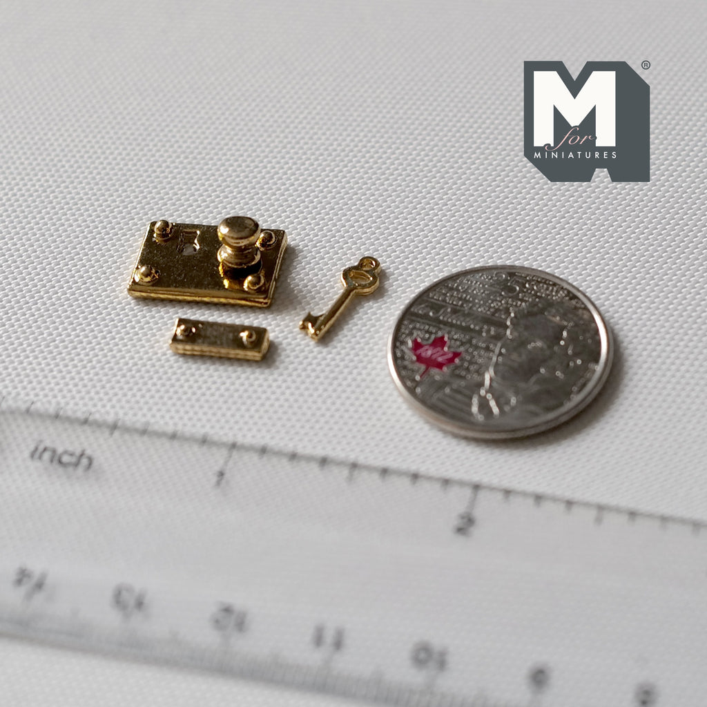 1:12 Scale Miniature Brass Rim Lock with Key and Strike Plate, 3 Piece Set, 9/16 x 3/8 inch, DIY Dollhouse Supply
