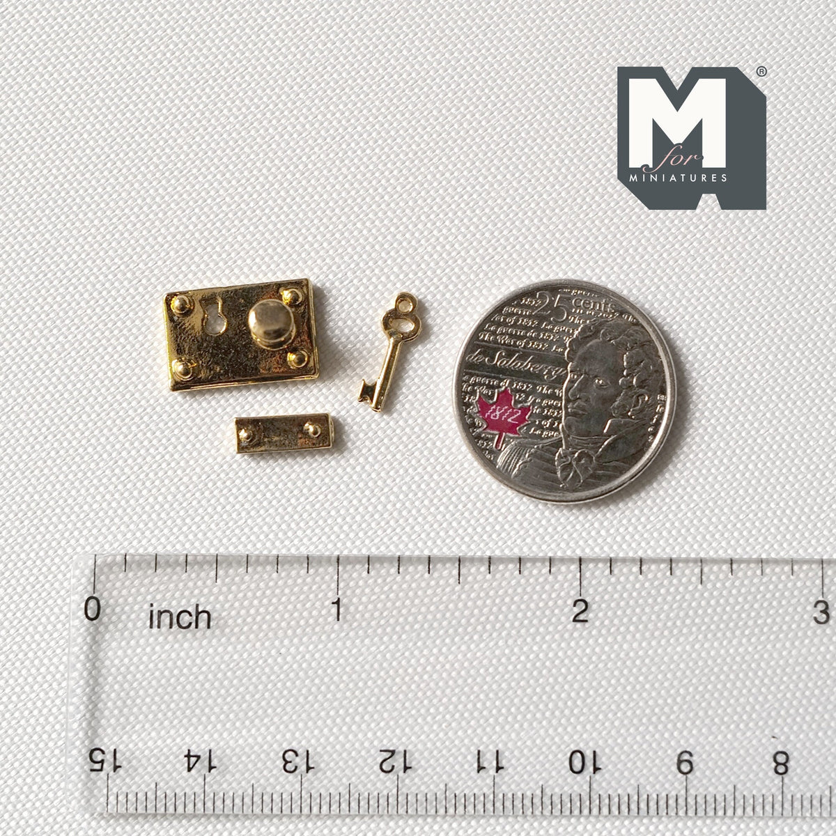 1:12 Scale Miniature Brass Rim Lock with Key and Strike Plate, 3 Piece Set, 9/16 x 3/8 inch, DIY Dollhouse Supply