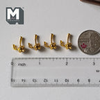 1:12 scale miniature gold metal coat hooks, set of 4, requires mounting, shown in a row with a coin and a ruler