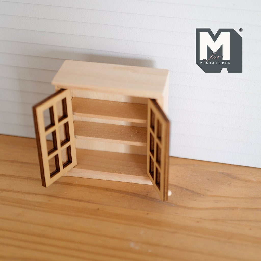 1:12 Scale Miniature Unpainted Wood Kitchen Wall Cabinet, 2 Lattice Doors, 3-1/16 inch tall, DIY Dollhouse Supply