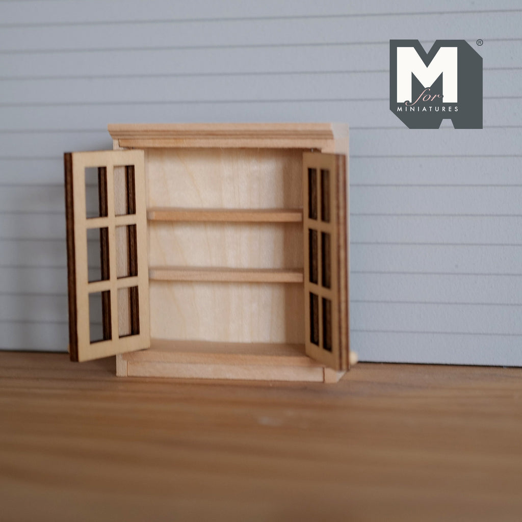 1:12 Scale Miniature Unpainted Wood Kitchen Wall Cabinet, 2 Lattice Doors, 3-1/16 inch tall, DIY Dollhouse Supply
