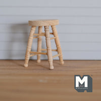 Miniature unfinished unpainted stained wooden short stool with round top 1:12 scale chair - A069