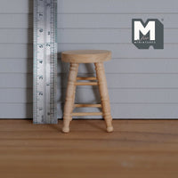 Miniature unfinished unpainted stained wooden short stool with round top 1:12 scale chair - A069