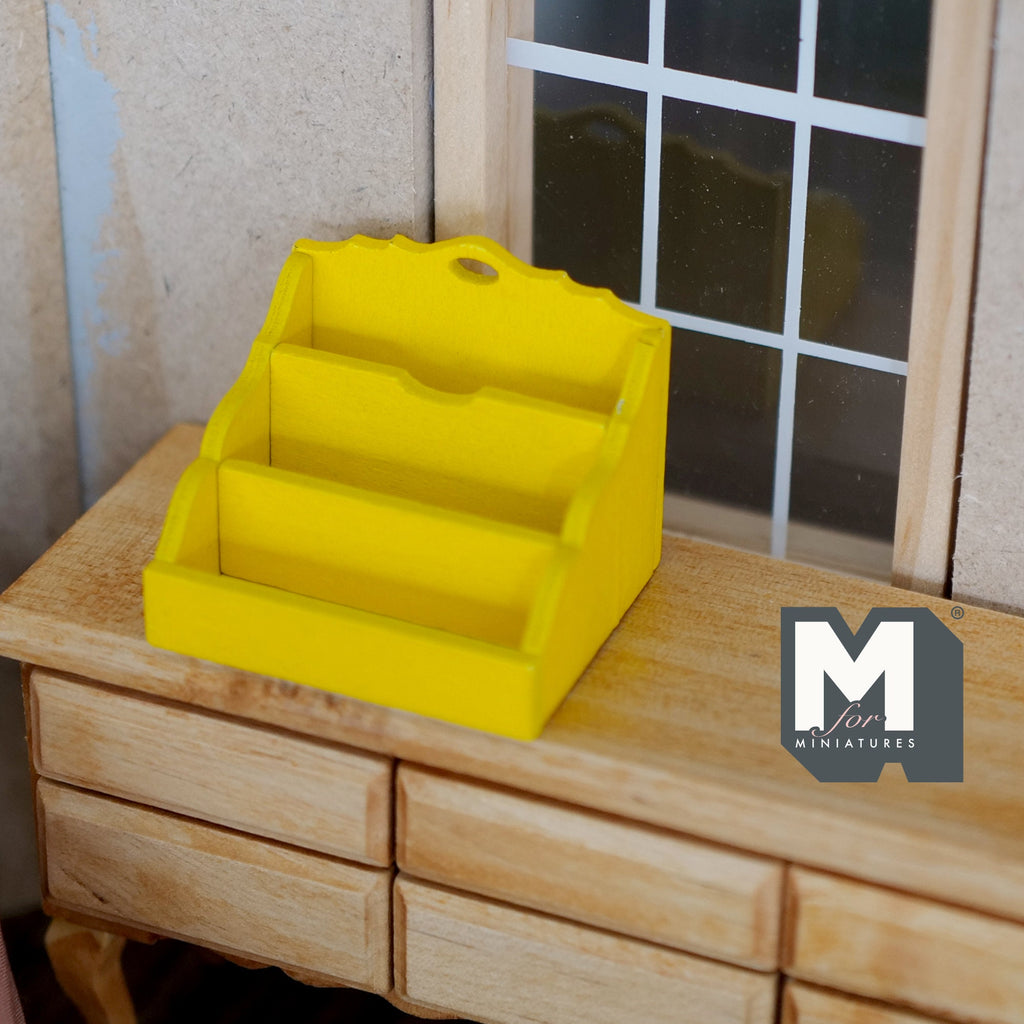 1:12 Scale Miniature Wood Mail Holder, 3 Slots, 1-3/4 inch wide, DIY Dollhouse Supply (yellow)