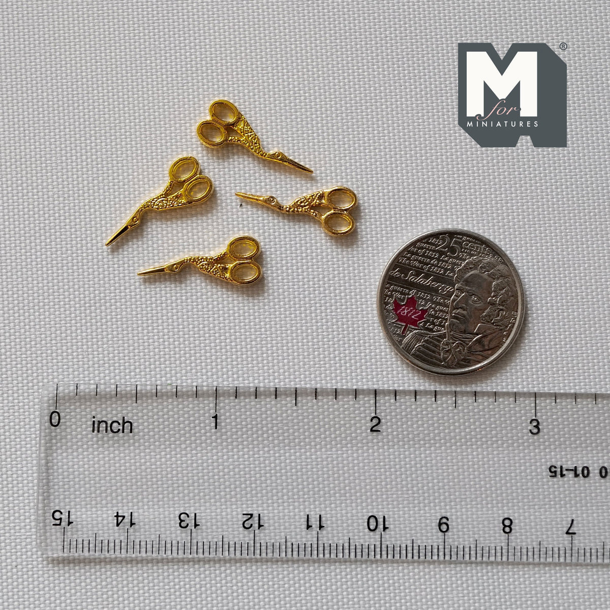 1:12 Scale Miniature Metal Stork Embroidery Scissors, Set of 4, 13/16 inch long, DIY Dollhouse Supply (gold)