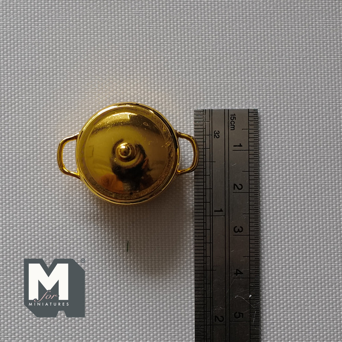 1:12 Scale Miniature Metal Shallow Cooking Pot with Lid, 2 Side Handles, 1 inch dia., DIY Dollhouse Supply (gold)