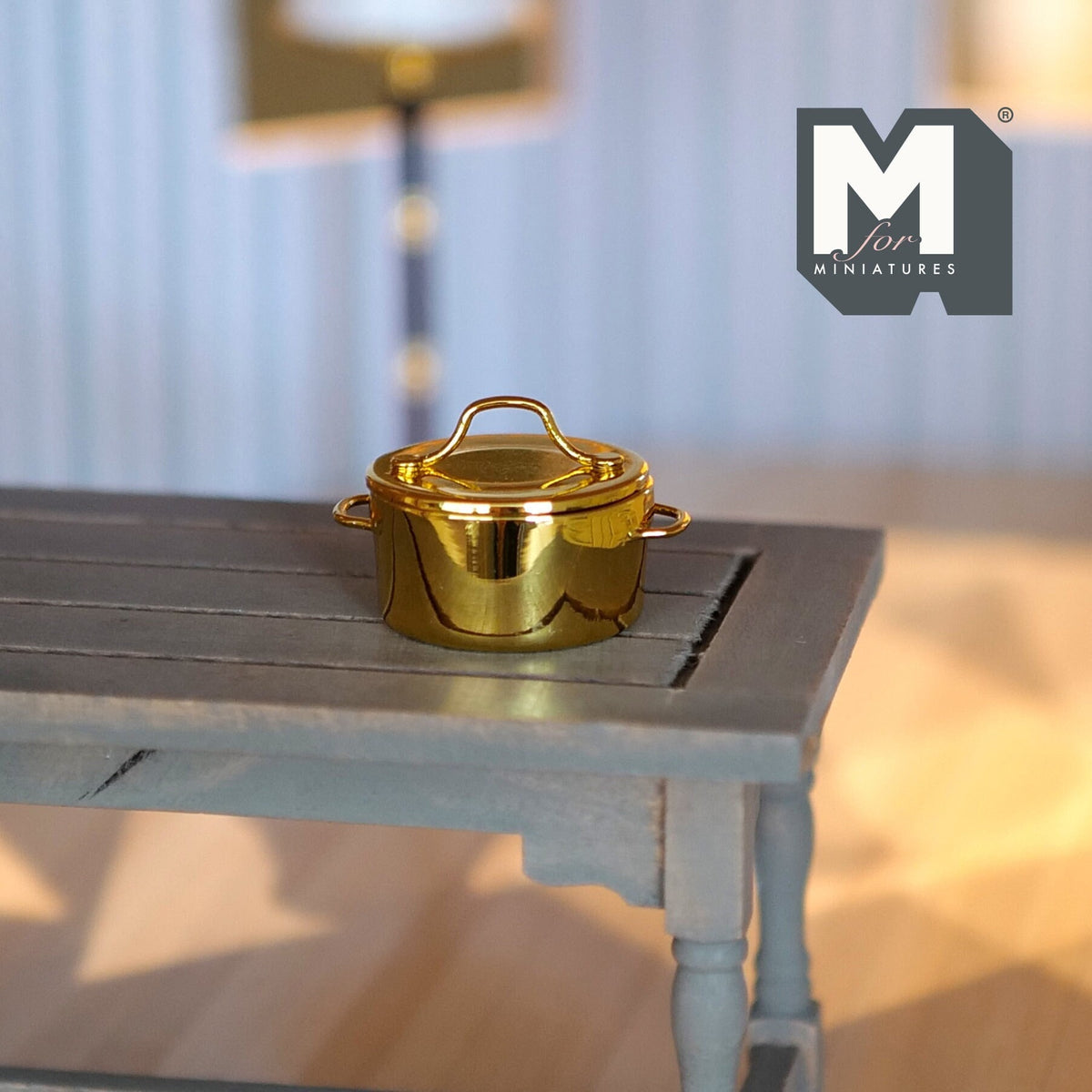 1:12 Scale Miniature Metal Cooking Pot with Lid, Side Handles, 1-1/16 inch dia., DIY Dollhouse Supply (gold)