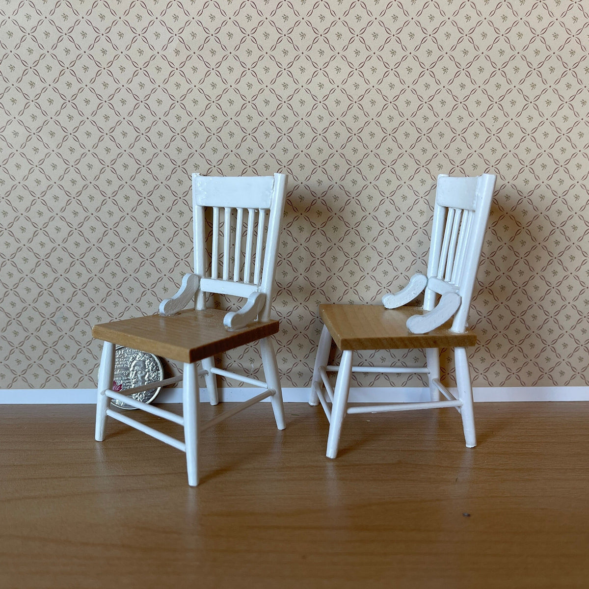 1:12 Scale Miniature Wood Spindle Back Dining Chairs, Set of 2, 3-5/16 inch tall, DIY Dollhouse Supply (white and brown)