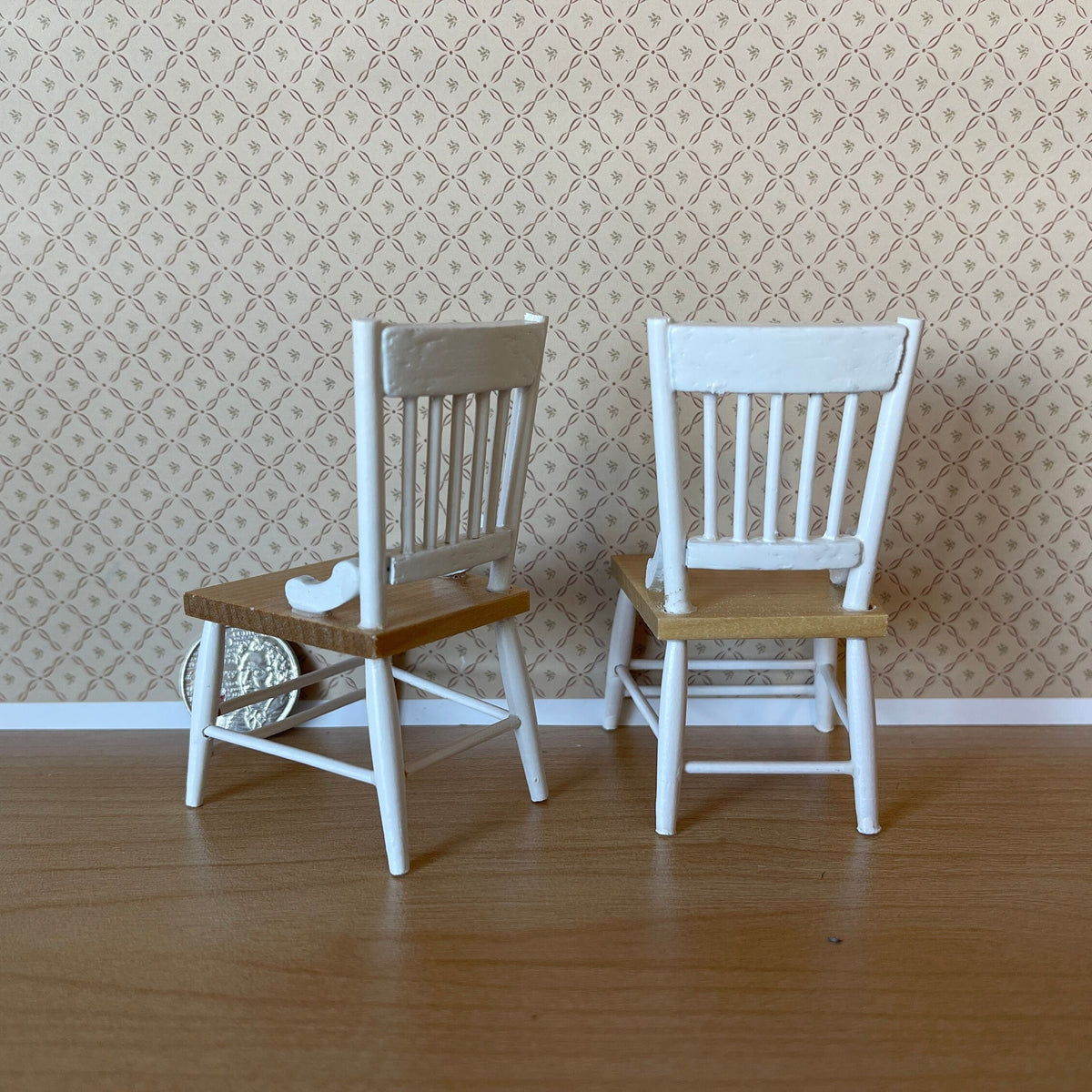 1:12 Scale Miniature Wood Spindle Back Dining Chairs, Set of 2, 3-5/16 inch tall, DIY Dollhouse Supply (white and brown)