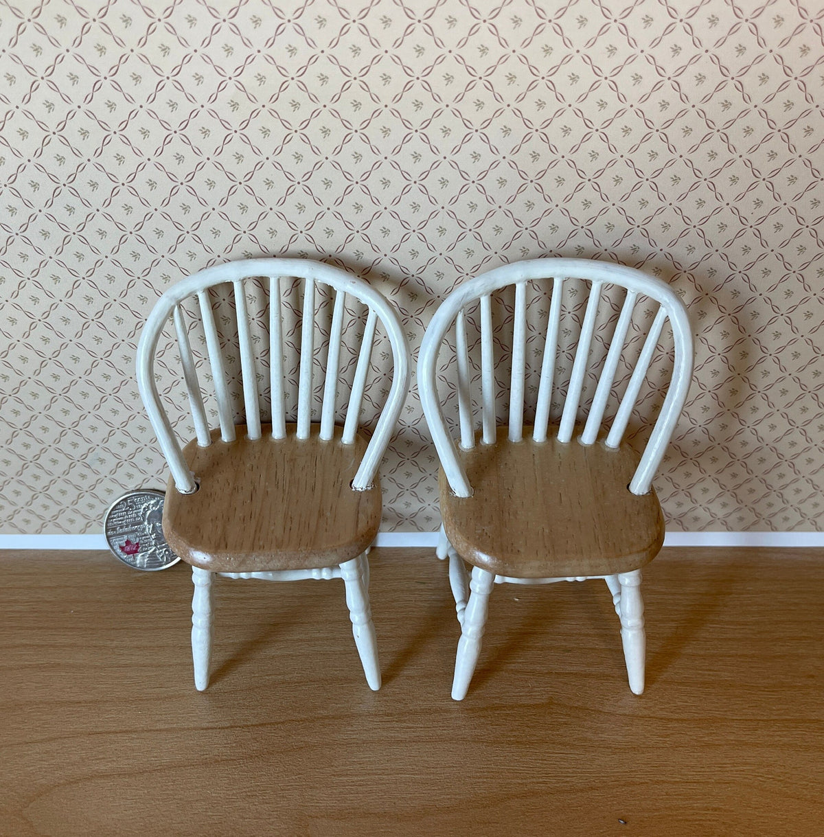 1:12 Scale Miniature Wood Windsor Spindle Back Dining Chairs, Set of 2, 3-11/16 inch tall, DIY Dollhouse Supply (white)
