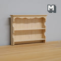 1:12 scale miniature unpainted wood wall shelf with 2 shelves, scalloped top and plank back, shown on a wood surface