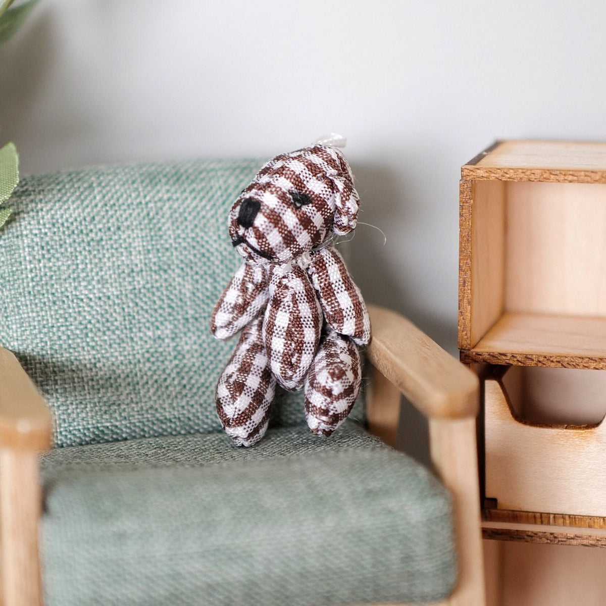 1:12 Scale Miniature Checkered Plush Teddy Bear, 1-9/16 inch tall, DIY Dollhouse Supply (pink and white)