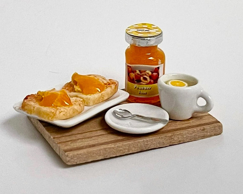 1:12 Scale Miniature Breakfast Tray with Toast, Peach Jam and Lemon Tea, 1-9/16 inch long, DIY Dollhouse Supply
