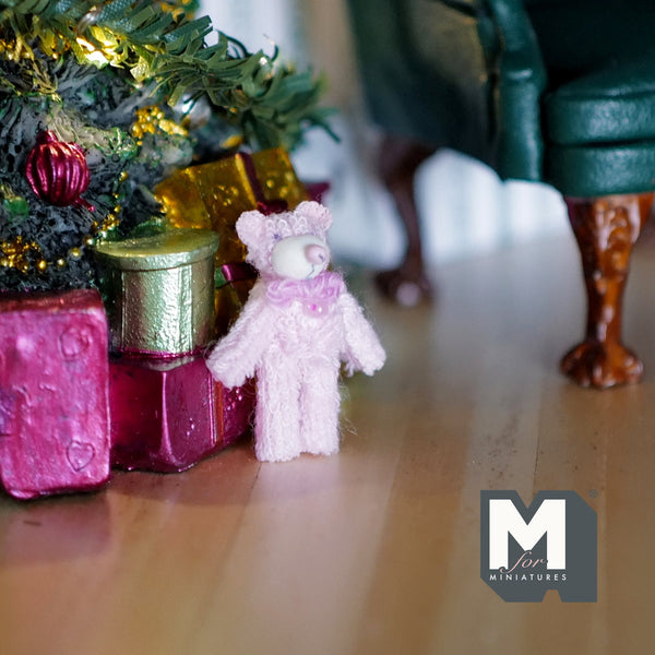 Miniature Plush Bear 1:12 Scale Dollhouse Supplies Mini Standing Bear with Ribbon (pink) - F031