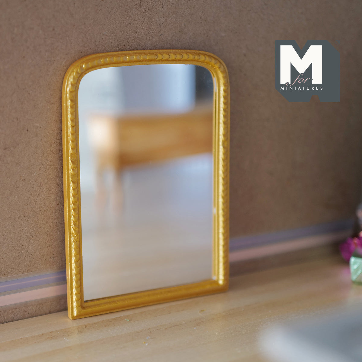 1:12 Scale Miniature Arched Top Mantel Mirror, Rectangular Frame, 4-3/4 inch tall, DIY Dollhouse Supply (gold)