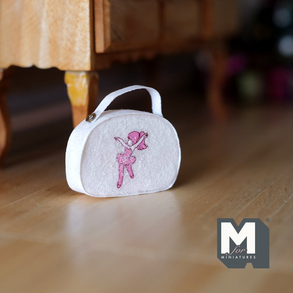 1:12 Scale Miniature Ballet Case Handbag, Pink Ballerina Print, 1-1/4 inch long, DIY Dollhouse Supply (white)