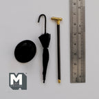 1:12 Scale Miniature Gentleman's Top Hat, Umbrella and Walking Cane, Set of 3, 2-7/8 inch tall, DIY Dollhouse Supply (black)