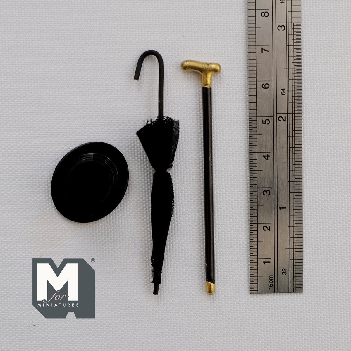 1:12 Scale Miniature Gentleman's Top Hat, Umbrella and Walking Cane, Set of 3, 2-7/8 inch tall, DIY Dollhouse Supply (black)